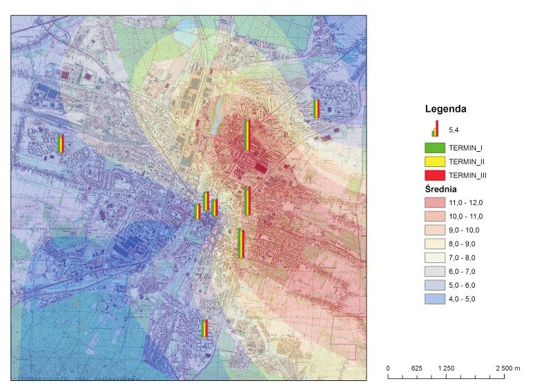 Ryc. 1. Przestrzenny rozkład zanieczyszczeń powietrza kadmem w Kielcach w roku 2011 Fig. 1. Spatial layaou of air pollution with cadmium in Kielce in 2011 year Ryc. 2. Przestrzenny rozkład zanieczyszczeń powietrza ołowiem w Kielcach w roku 2011 Fig.