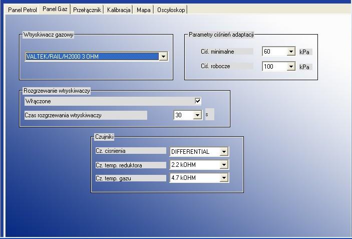 2.4.2. Panel Gaz Następnym krokiem będzie prawidłowy wybór typu listwy wtryskowej (dla wtryskiwaczy RAILGAS 3 Ohm należy wybrać VALTEK/RAIL/H2000 3 Ohm).