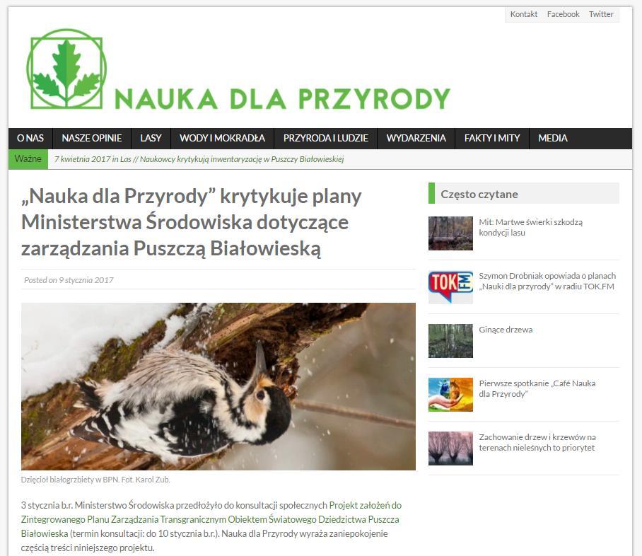Opinia Projektu do Zintegrowanego Planu Zarządzania Transgranicznym Obiektem Światowego Dziedzictwa Puszcza Białowieska (dla UNESCO),