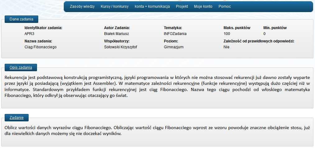 INFOzadanie Strona zawierająca szczegóły zadania jest podzielona na bloki, podobnie jak strona ze szczegółami kursu.