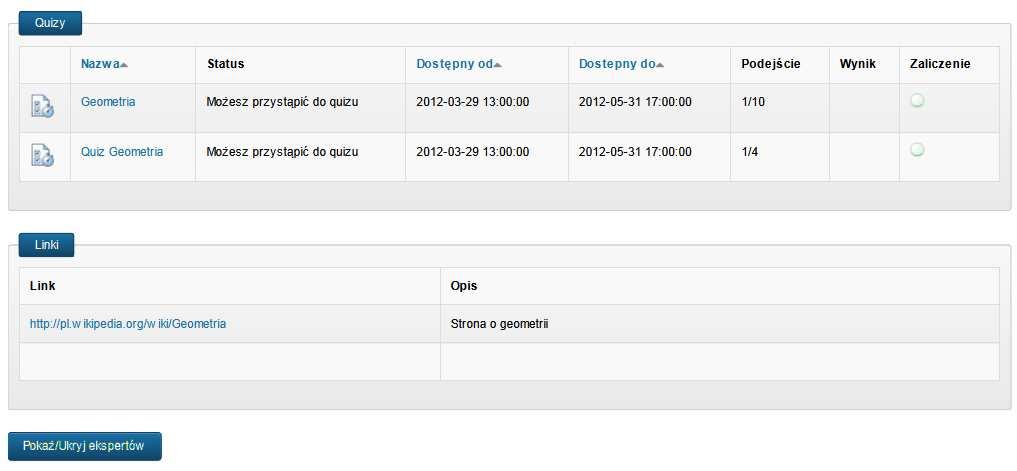 Quizy w konkursie Na ekranie konkursu znajduje się blok Quizy, który zawiera listę quizów, które należy