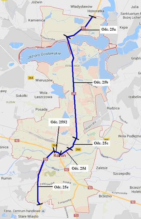 II. CZĘŚĆ SZCZEGÓŁOWA PROGRAMU 1. DROGA KRAJOWA NR 25 1.1. Część opisowa 1.1.1. Opis obszaru objętego zakresem Programu Analizowany odcinek DK25 przebiega przez teren Konina w relacji północ południe kolejno ulicami: Ślesińską, ul.