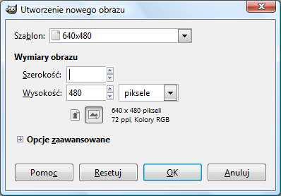 Zadanie: tworzenie nowego obrazu Uruchom GIMPa Z menu górnego wybierz Plik Nowy W otwartym oknie domyślnie pojawią się wymiary