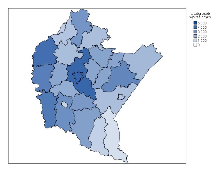 Rysunek 1 Rozkład przestrzenny osób wykreślonych z ewidencji z przyczyn podjęcia pracy, działalności gospodarczej lub uzyskania dochodu Tabela 11 Gmina zamieszkania osób wykreślonych z ewidencji z