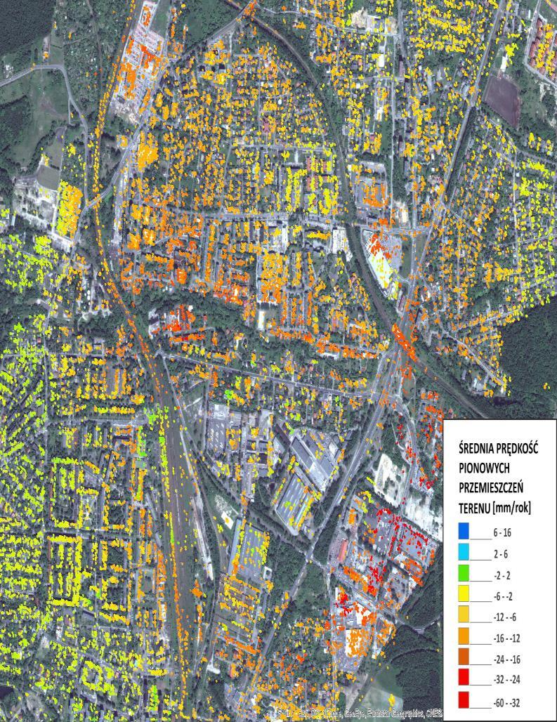 ZASTOSOWANIE ZOBRAZOWAŃ RADAROWYCH Zagadnienie: badanie wpływu osiadania terenu na budynki i infrastrukturę drogową Metoda: satelitarna interferometria radarowa - stabilnych rozpraszaczy.