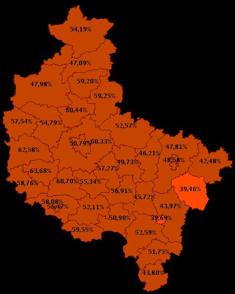 Ryc. 6.3. Objęcie populacji profilaktycznymi badaniami mammograficznymi. Źródło SIMP, dane na dzień 1.12.2015. Fig. 6.3. Population coverage by screening mammography in Poland as 1.12.2015, source: SIMP.
