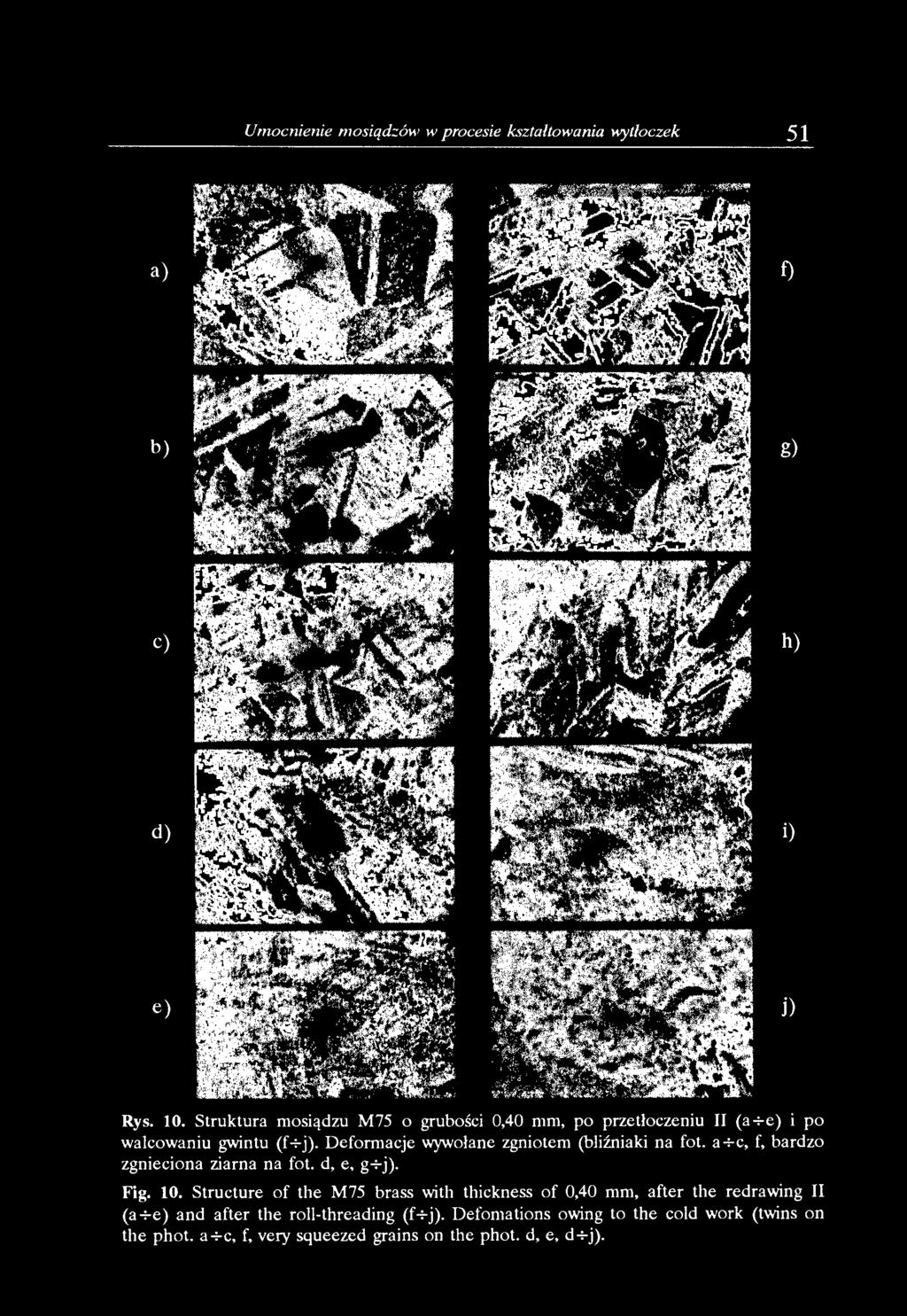 Umocnienie mosiqd:::ów w procesie ks:::taltowania wytłoczek 51 a) f) b) g) c) j) Rys. 10. Struktura mosiądzu M75 o grubości 0,40 mm, po przetłoczeniu II (a-i-e) i po walcowaniu gwintu (f-;-j).