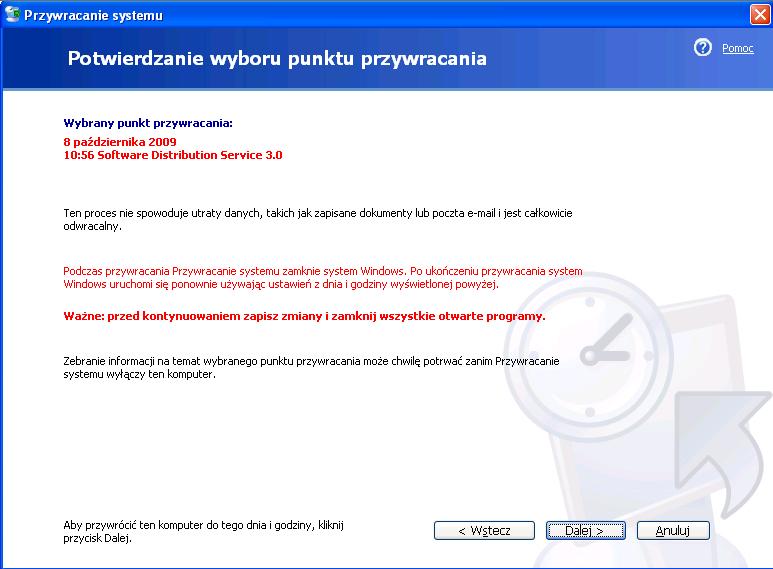 Krok 15 Pojawi się okno "Potwierdź wybór punktu przywracania".