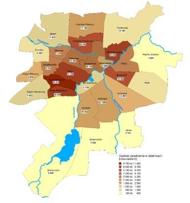 LUBELSKIE STANDARDY PIESZE. KIERUNKI ROZWOJU RUCHU PIESZEGO W LUBLINIE - DIAGNOZA 10 Rys. 4.Gęstość zaludnienia (szacunkowo) w dzielnicach Lublina oraz liczba mieszkańców (zameldowanych). Luty 2016 r.