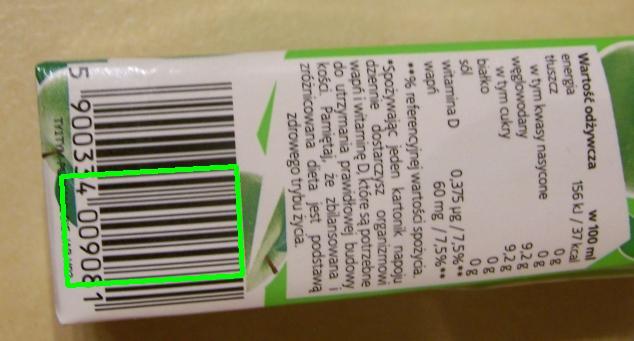 boundingbox), które pozwoli na skuteczne wskazanie poszukiwanego kodu kreskowego. Efekt końcowy działania algorytmu przedstawiono na rysunku 2.7.a. Udana realizacja algorytmu dla innego obrazu przedstawiona została na rysunku 2.