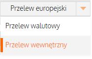 G. AKCJE NA WIERSZACH TABELI Wykonaj przelew: kliknij w przycisk z prawej strony wiersza rachunku firmy, aby wybrać jaki rodzaj przelewu chcesz wykonać.