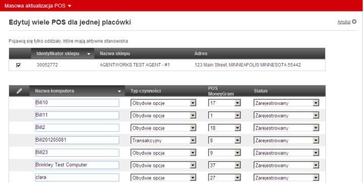 Ważne: aktualizować można tylko oddziały ze statusem aktywnego punktu sprzedaży POS.