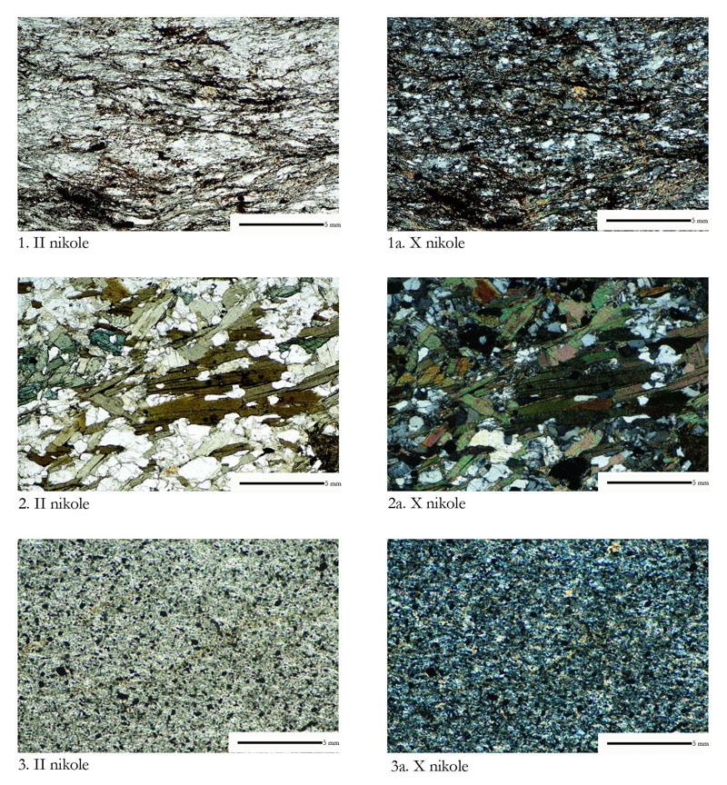 Katalog zabytków i analiz petrograficznych 53 Ryc. 8. 1 Klenica, p.c. 68, paraamfibolit; 2 Klenica, p.