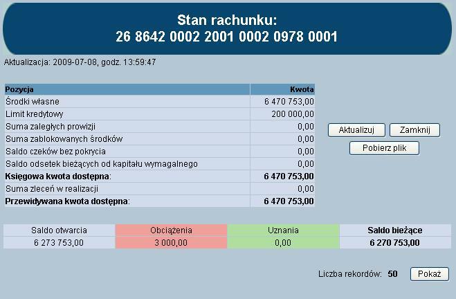 blokady, prowizj e Saldo czeków bez pokrycia informacj a o saldzie czeków bez pokrycia, Saldo odsetek bieżących od kapitału wymagalnego informacj a o odsetkach bieżących od kapitału wymaganego,