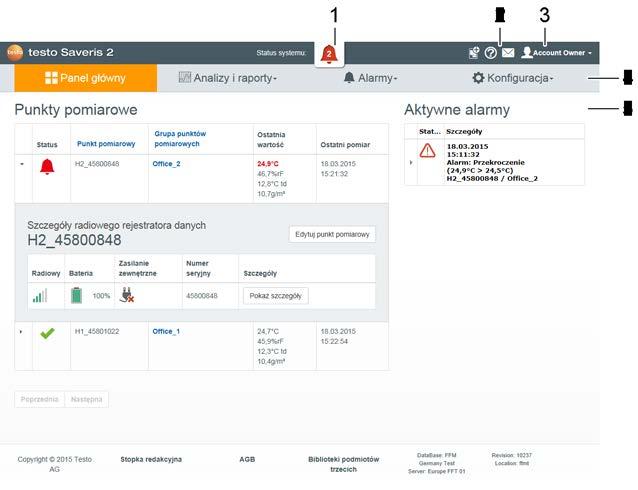 6 Interfejs użytkownika 6 Interfejs użytkownika 1 Informacje o systemie i statusie (patrz strona 38) 2 Pasek poleceń (patrz strona 37) 3 Zarządzanie użytkownikami (patrz strona 37) 4