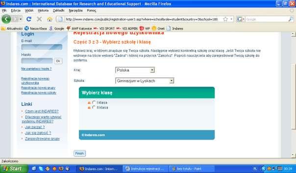 8. Ostatnim etapem rejestracji jest wybór klasy do której należysz.