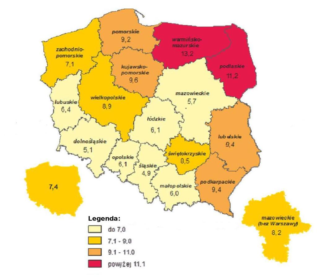 101 Mapa 1. Wskaźnik zagrożenia ubóstwem skrajnym w 2013 r.