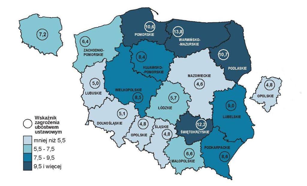 24 Mapa 8. Wskaźnik zagrożenia ubóstwem relatywnym w Polsce w 2012 r.