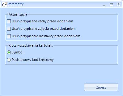 14) Parametry W Parametrach decydujemy czy przy aktualizacji kartotek z exl nowe cechy, zdjęcia i dostawcy mają być dopisywane (opcja