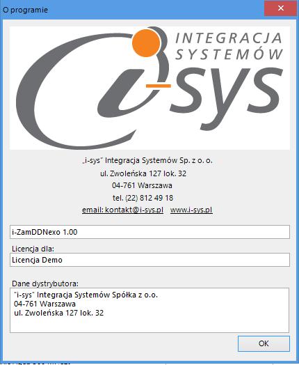 Pomoc -> O programie Opcja ta służy do wyświetlenia informacji dotyczących programu. Wyświetlane są następujące dane: Nazwa programu i wersja Dla kogo wystawiona jest licencja Dane dystrybutora (rys.