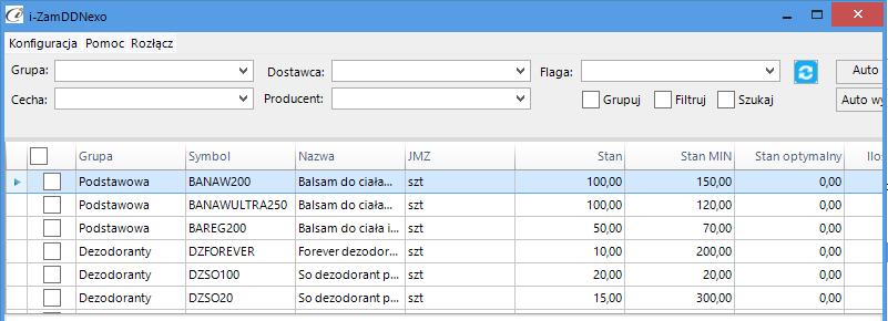 3. Funkcje programu W głównym oknie programu mamy dostęp do filtrów takich jak: grupa, cecha, dostawca, producent, flaga które są pobierane z kartoteki towarowej.