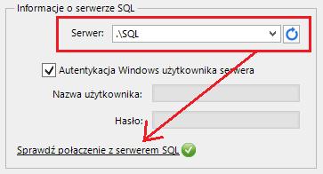 W zależności od konfiguracji serwera SQL możemy do zrealizowania połączenia zaznaczyć opcję Autentykacja Windows użytkownika serwera (Rys. 8) lub podać nazwę użytkownika SQL oraz hasło.