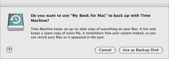 Po podłączeniu dysku My Book for Mac do komputera po raz pierwszy zostanie wyświetlony komunikat, czy dysk ma być używany do tworzenia kopii zapasowych z programem Time Machine: W systemach Leopard i