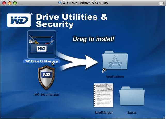2. Przeciągnij program WD Drive Utilities do aliasu folderu Applications (Aplikacje) na wyświetlonym ekranie: 3. W aliasie folderu Applications kliknij dwukrotnie program WD Drive Utilities. 4.