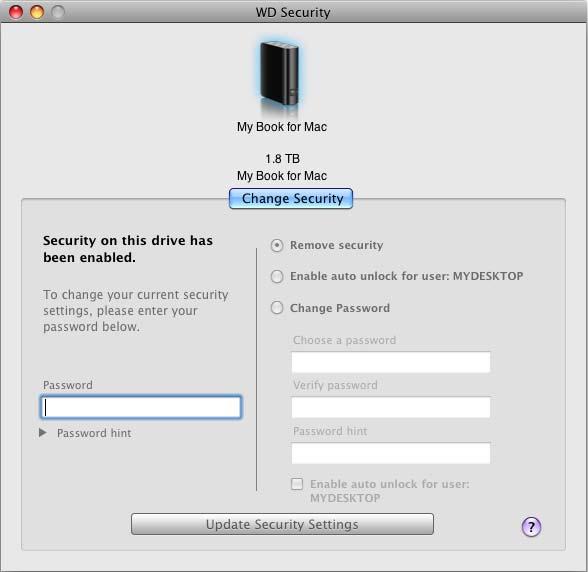 9. Kliknij przycisk Update Security Settings (Aktualizuj ustawienia zabezpieczeń). OSTROŻNIE! Po zmianie hasła dysk pozostanie odblokowany do końca bieżącej sesji roboczej.