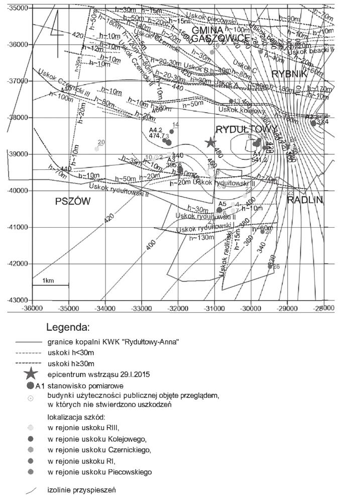 56 PRZEGLĄD GÓRNICZY 2015 Rys. 3. Mapa rozmieszczenia szkód w budynkach i izolinii przyśpieszeń wyznaczonych na podstawie wartości ze stanowisk pomiarowych dla wstrząsu z 29.01.2015 roku na tle tektoniki w KWK Rydułtowy Anna Fig.