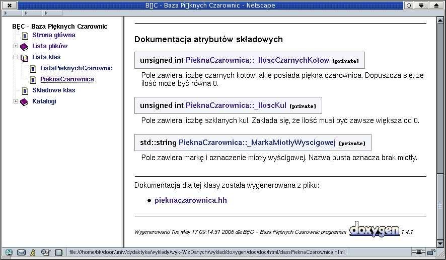 Doxygen - dokumentacja pól klasy