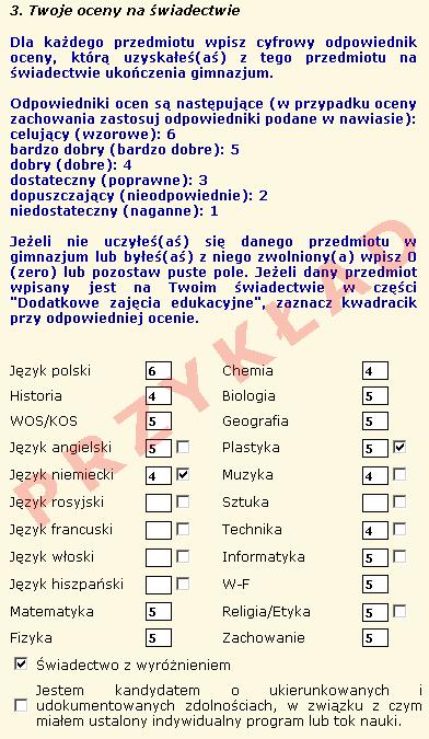 Sprawdzanie ocen Następnie zanieś komplet dokumentów, czyli tyle kopii świadectwa ukończenia gimnazjum i tyle kopii zaświadczenia o wynikach egzaminu gimnazjalnego, ile szkół wybrałeś w systemie