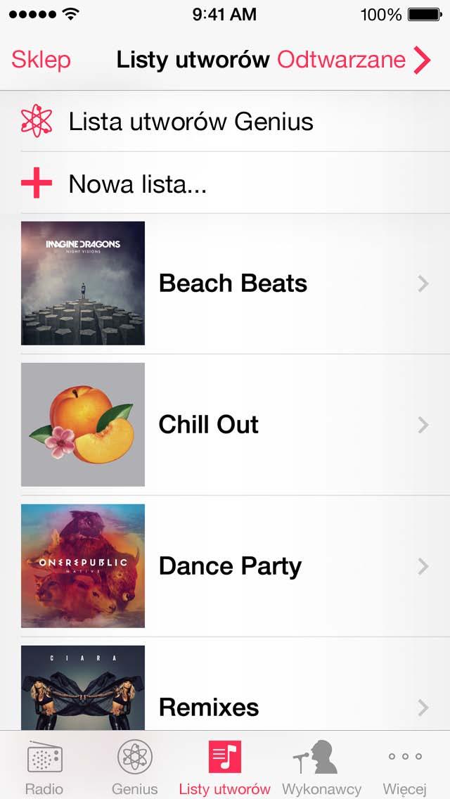 Listy utworów Organizowanie muzyki za pomocą list utworów: Wyświetl Listy utworów, stuknij w Nowa lista na górze, a następnie podaj tytuł. Aby dodać utwory i wideo, stuknij w.