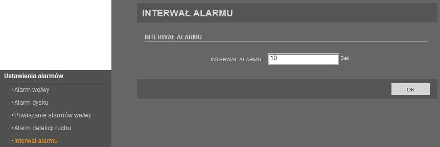 Instrukcja obsługi wer.1.0. INTERFEJS WWW - PRACA Z KAMERĄ 6.7.5. Interwał alarmu W menu Interwał alarmu można ustawić wartość interwału alarmu.