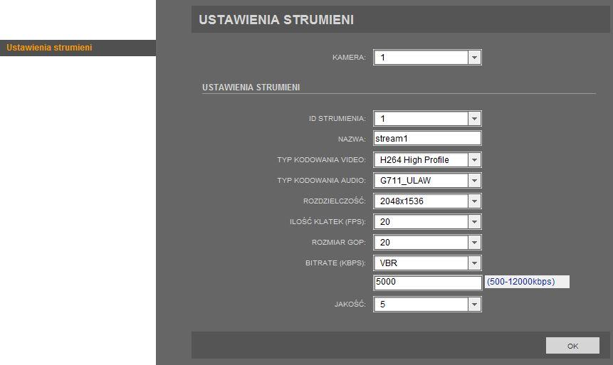 Instrukcja obsługi wer.1.0. INTERFEJS WWW - PRACA Z KAMERĄ 6.4. Ustawienia strumieni W menu Ustawienia strumieni można zmienić parametry dla każdego pojedynczego strumienia.