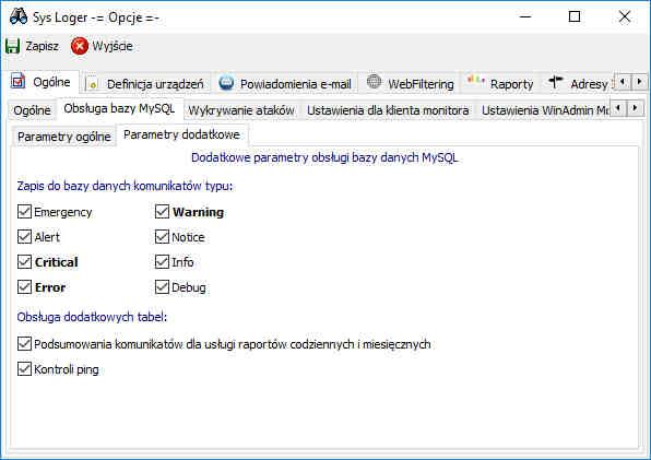 Opcja Importuj dane z zapisanych logów w plikach tekstowych pozwala na uzupełnienie danych w bazie na podstawie logów tekstowych w dowolnej chwili. W drugiej zakładce w ramach obsługi bazy MySQL, tj.