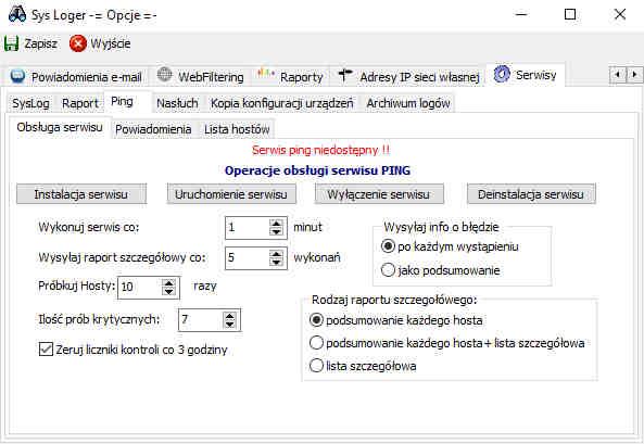 Wiadomość o przywróceniu łączności wysyłana jest po wykryciu prawidłowego połączenia. Parametrem sterującym jest opcja definiowana w sekcji Wysyłaj info o błędzie.