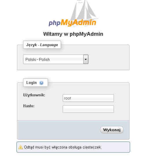 d) Sprawdzamy poprawność instalacji wpisując w przeglądarce http:\\localhost\phpmyadmin\index.