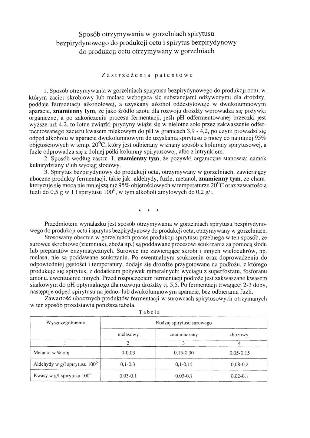 Sposób otrzymywania w gorzelniach spirytusu bezpirydynowego do produkcji octu i spirytus bezpirydynowy do produkcji octu otrzymywany w gorzelniach Zastrzeżenia patentowe 1.