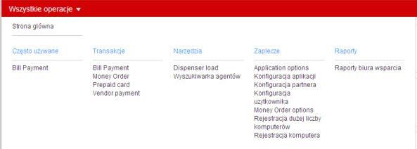 Panel nawigacyjny Operatora zawiera aplikacje wykorzystywane do wysyłania i otrzymywania pieniędzy, dokonywania płatności za rachunki, wyszukiwania agentów i wykonywania innych czynności.
