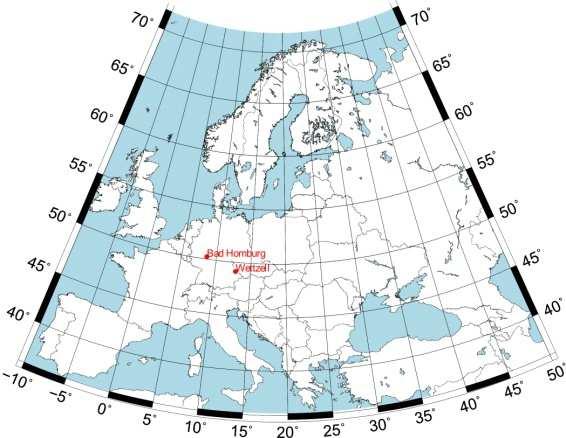 Rys. 1. Rozmieszczenie stacji. Pierwszy typ danych (bez zakłóceń) obejmował okres pomiędzy 13 a 20 grudnia 2004 roku.