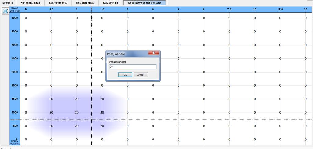 Rysunek 2.1.19 Mapa Dodatkowy udział benzyny Wartość mapy określają procentowy udział benzyny w czasie jazdy na gazie w danym punkcie pracy.