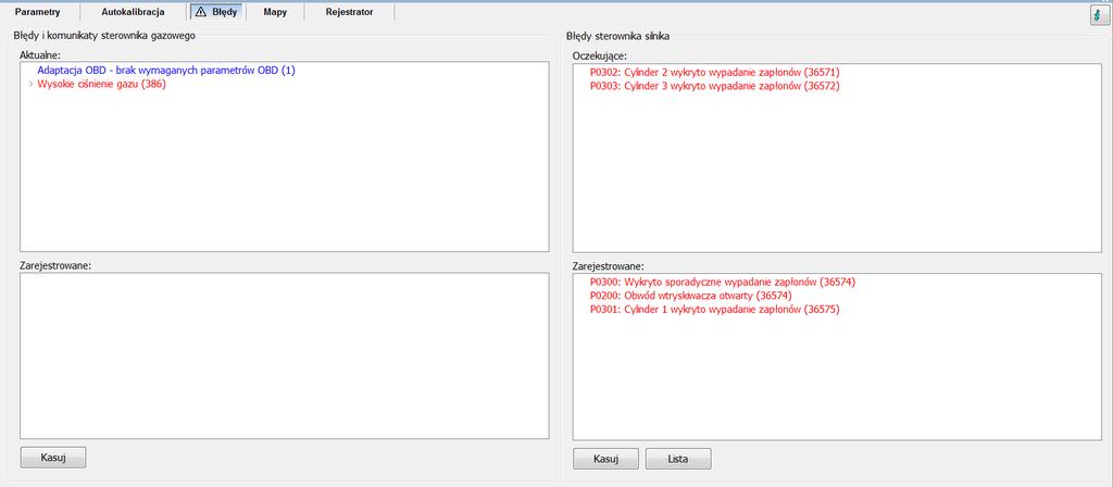 Przycisk Lista pozwala na skonfigurowanie i uaktywnienie automatycznego kasowania błędów OBD2/EOBD. Okno konfiguracji podzielone jest na dwa panele.