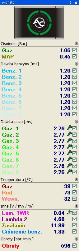 2.1.9 Okno Monitor W oknie Monitor widoczny jest podgląd na bieżące parametry instalacji: Centralka LED z przełącznikiem kliknięcie na przełączniku powoduje zmianę trybu pracy gaz/benzyna Ciśnienie