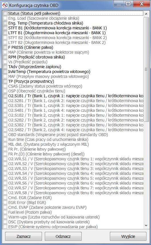 Rysunek 2.1.31 Widok okna Konfiguracja czytnika OBD. Okno czytnika może wyświetlać maksymalnie do 7 parametrów jednocześnie.