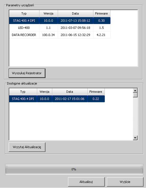W celu przeprowadzenia aktualizacji urządzenia należy wskazać w oknie Parametry urządzeń sterownik (np. STAG 400.4 DPI model A1) lub centralkę (LED-400).