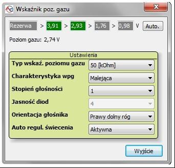 W skład centralki LED-401 wchodzą: Linijka LED cztery diody w formie okręgu pokazujące aktualny poziom gazu w zbiorniku. Cztery zielone diody oznaczają pełen zbiornik.