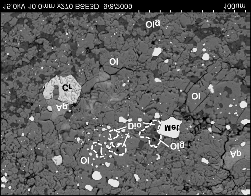 Krzysztof OWOCKI 115 Fig. 3. Obraz BSE oliwinowego agregatu z inkluzjami CAI (linie przerywane) w chondrycie zwyczajnym Sahara 02500.