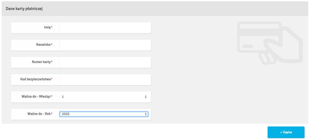 Następnie podaj dane Płatnika, na które zostanie wystawiona faktura oraz dane Karty płatniczej lub