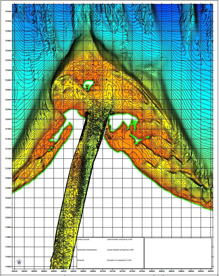 W wyniku wykonanych pomiarów uzyskany zostanie obraz rozkładu głębokości, który po uzupełnieniu informacjami o linii brzegowej daje pełny obraz sytuacji